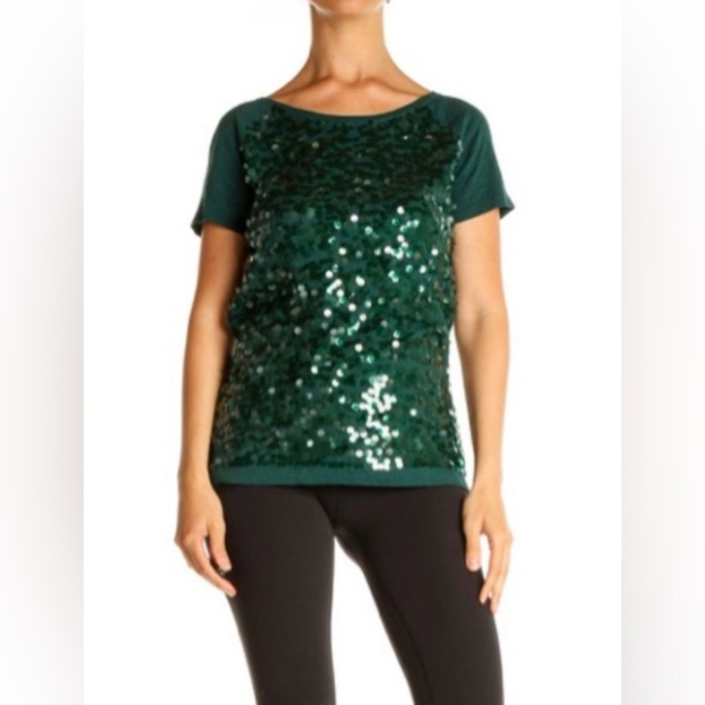 Ann Taylor LOFT Forest Green Sequined Raglan Sleeve T-Shirt with Zippered Back